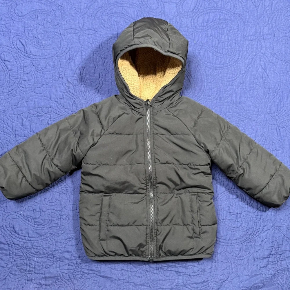 Old Navy Toddler 3T Reversible Puffer Jacket Black Sherpa Fleece Hooded Coat